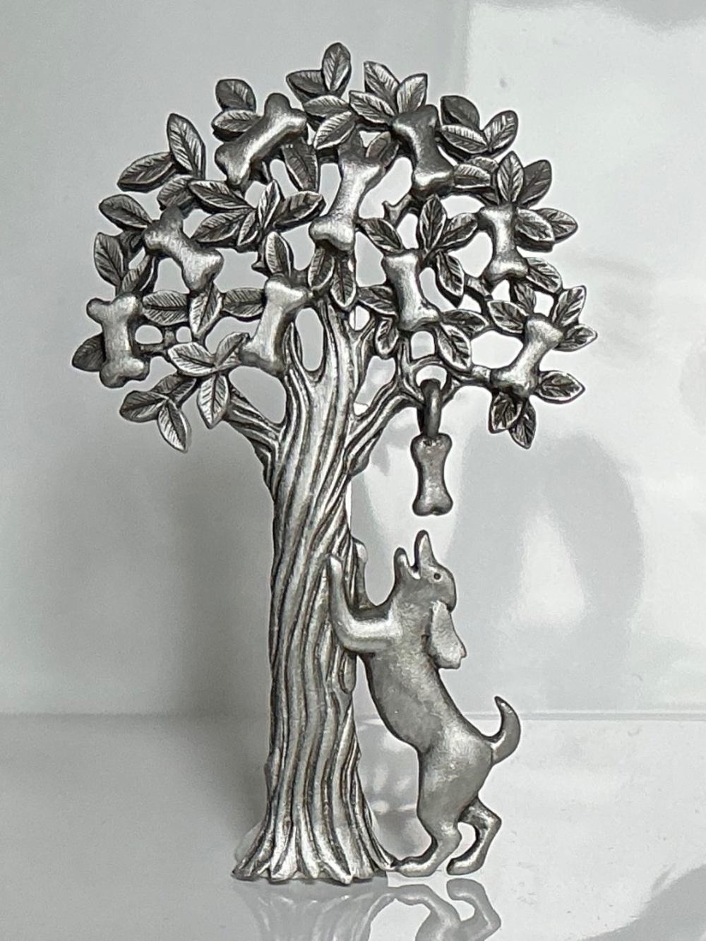 Vintage Pewter JJ Jonette Dog Wishing Tree Brooch Signed 1980’s